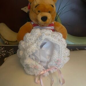 White Crochet Baby Bonnet with Pink and Green Floral Accents